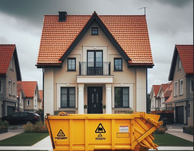 kontener na gruz przed domem jednorodzinnym