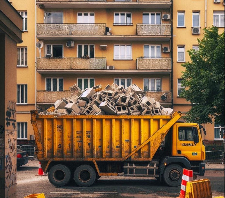 ciężarówka z kontenerem na gruz przed blokiem na Głuszynie
