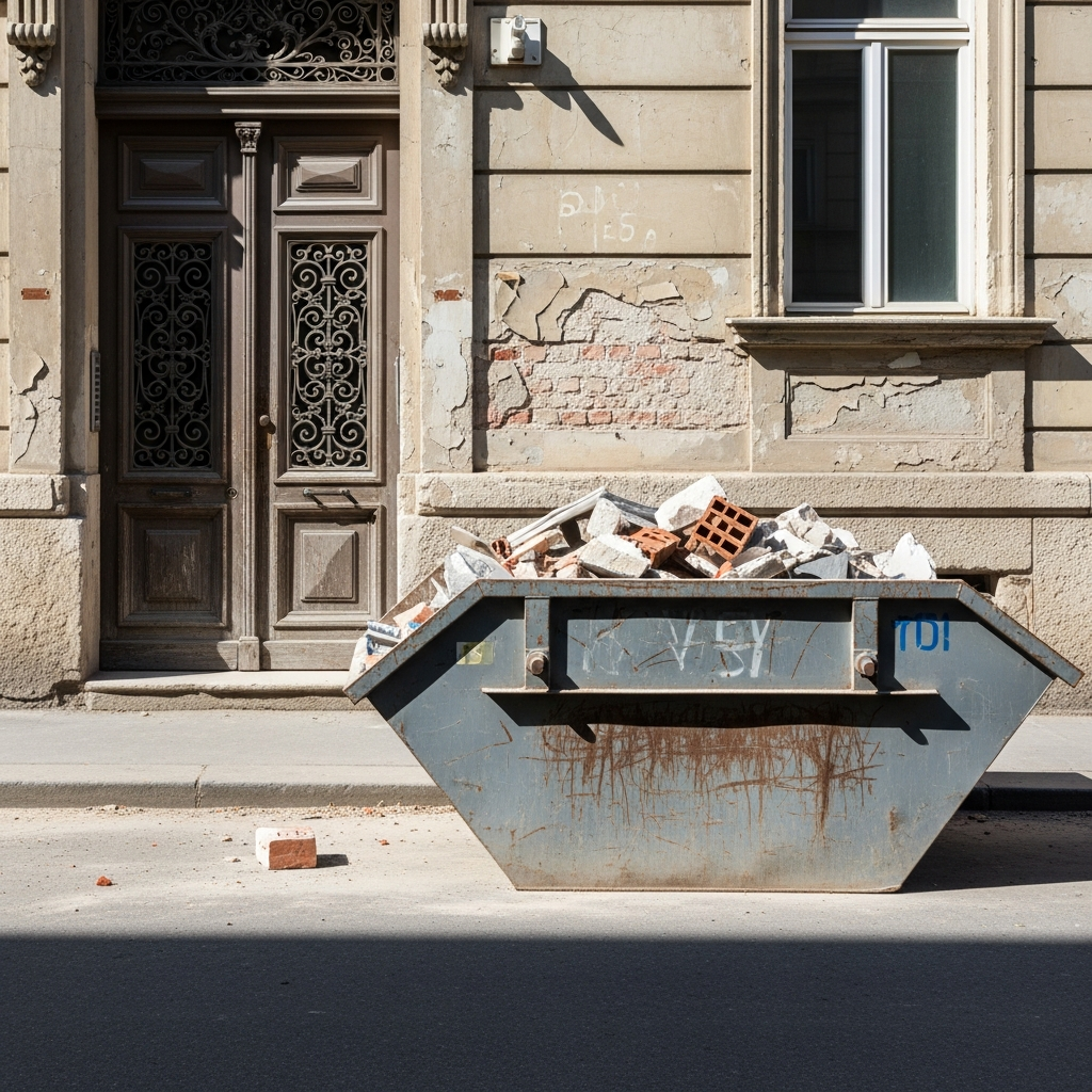 Kontener z gruzem przy kamienicy